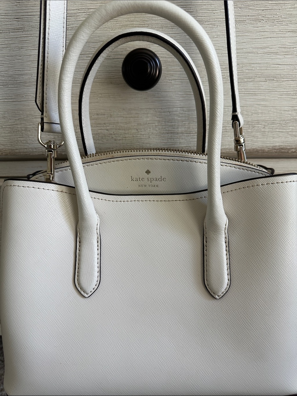kate spade Cream Structured Leather Satchel with Top Handles - Picture 12 of 13